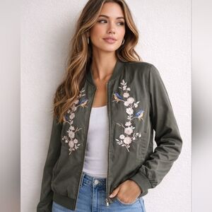 Forever 21 Olive Bomber Jacket with Blue & Pink Embroidered Birds
